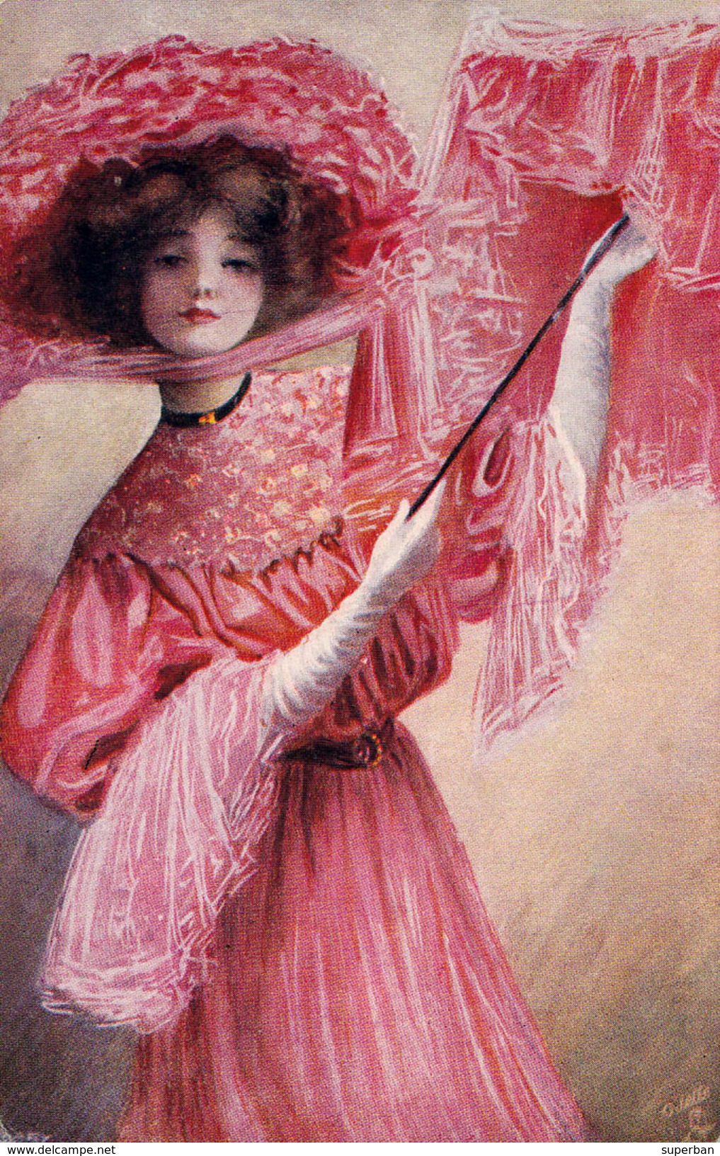 ART NOUVEAU / ART DÉCO : JEUNE FEMME En ROUGE Avec PARASOL / LADY In RED : MAIDEN FAIR - ROSY DAYS - OILETTE (v-225) - Antes 1900