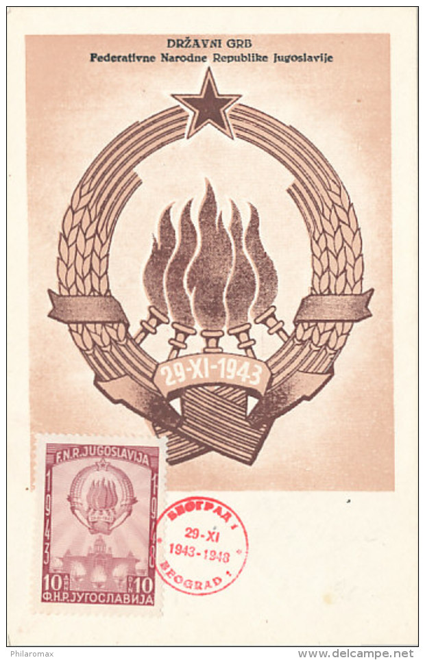 D26727 CARTE MAXIMUM CARD 1948 YUGOSLAVIA - COAT OF ARMS ORIGINAL - Maximum Cards