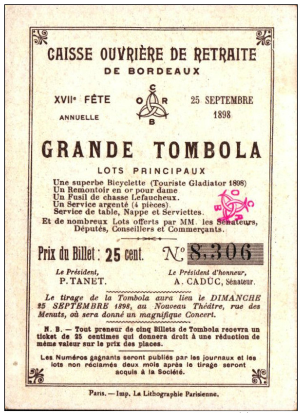 5 Chromos Caisse Ouvriere De Retraite De Bordeaux -  Grande Tombola - 1898 - Histoire -1-  R/V - Altri & Non Classificati