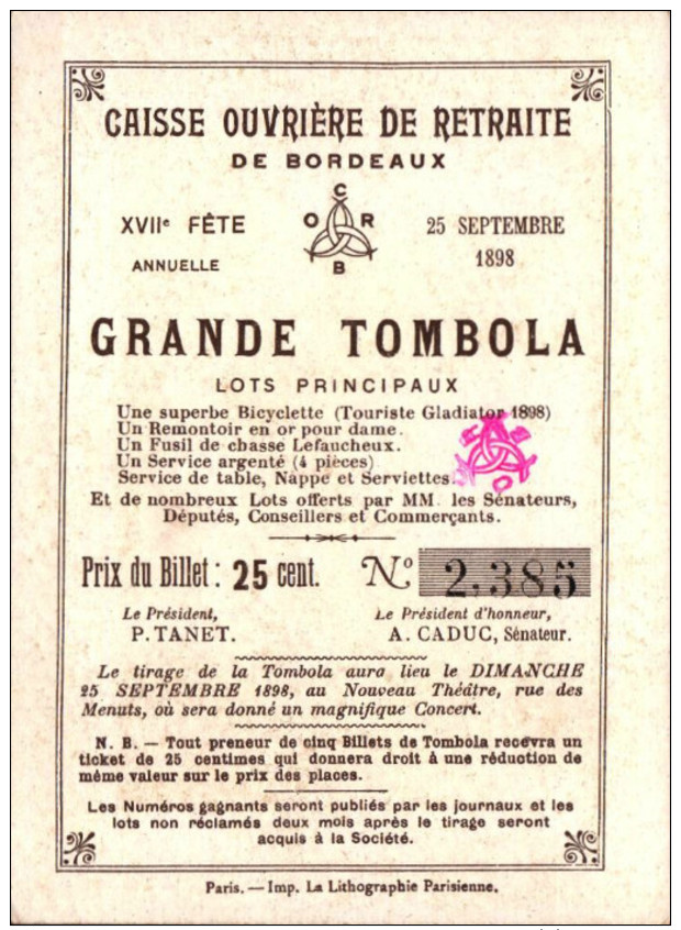 5 Chromos Caisse Ouvriere De Retraite De Bordeaux -  Grande Tombola - 1898 - Histoire -1-  R/V - Autres & Non Classés