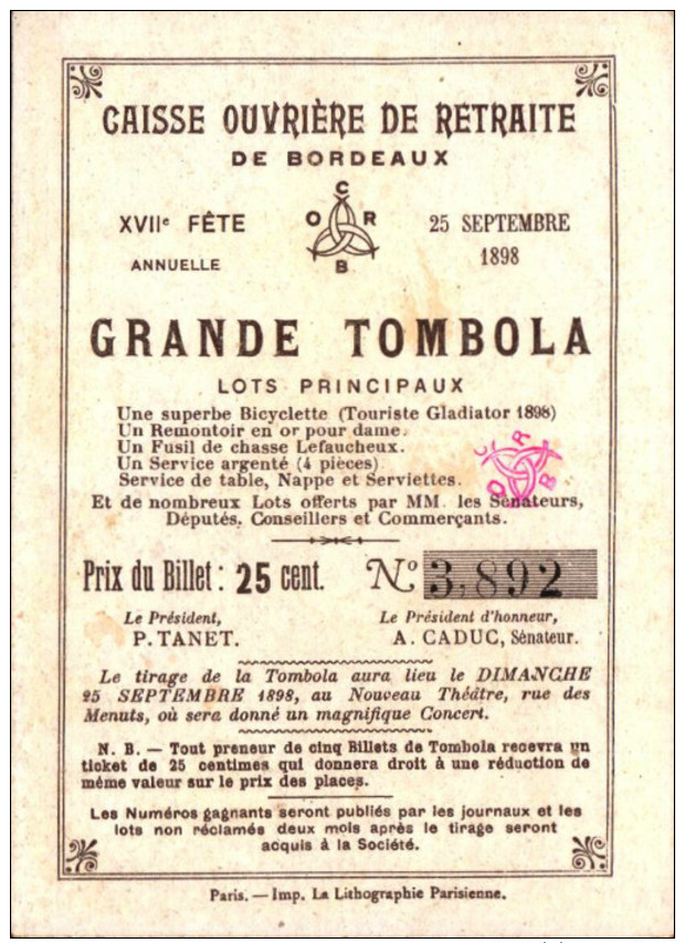 5 Chromos Caisse ouvriere de retraite de Bordeaux -  Grande tombola - 1898 - Histoire -1-  R/V