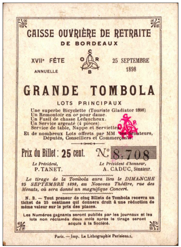 5 Chromos Caisse ouvriere de retraite de Bordeaux -  Grande tombola - 1898 - Histoire -1-  R/V
