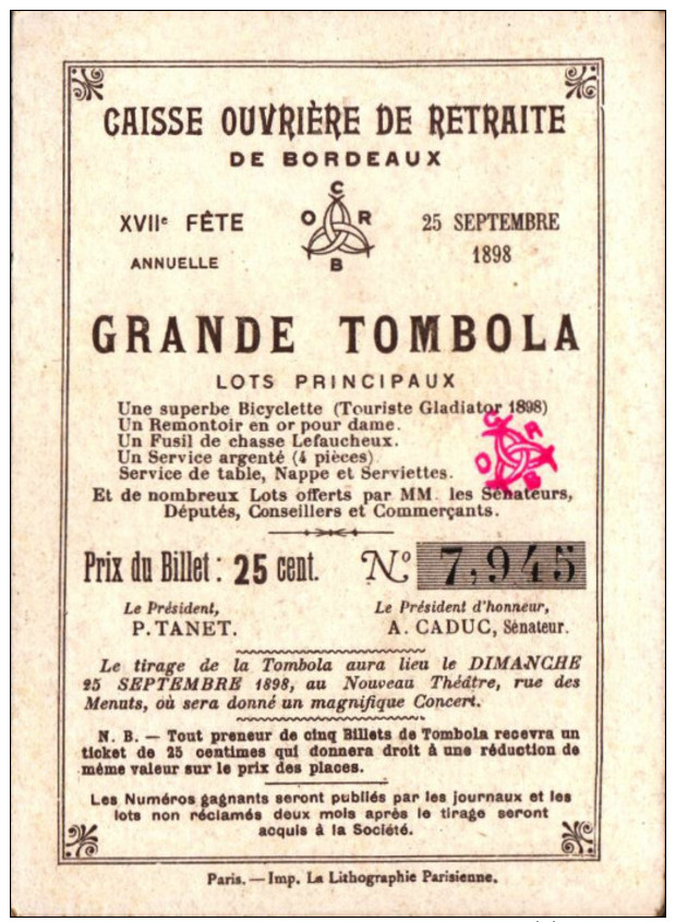 5 Chromos Caisse ouvriere de retraite de Bordeaux -  Grande tombola - 1898 - Histoire -1-  R/V