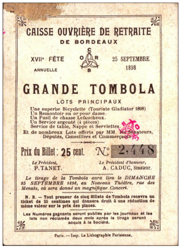 5 Chromos Caisse Ouvriere De Retraite De Bordeaux -  Grande Tombola - 1898 - Histoire -2-  R/V - Lottery Tickets