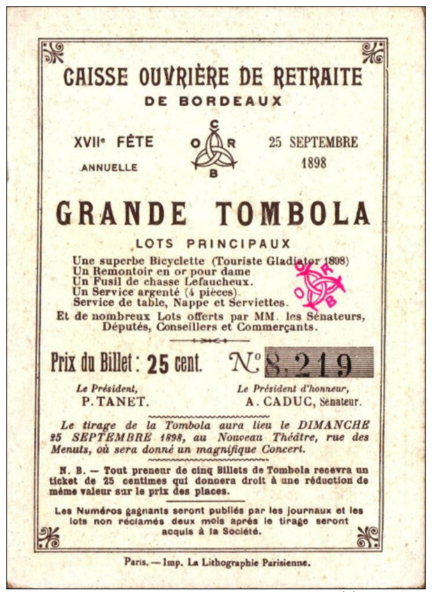 5 Chromos Caisse ouvriere de retraite de Bordeaux -  Grande tombola - 1898 - Histoire -2-  R/V