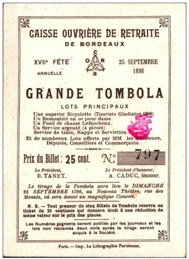 5 Chromos Caisse ouvriere de retraite de Bordeaux -  Grande tombola - 1898 - Histoire -3-  R/V