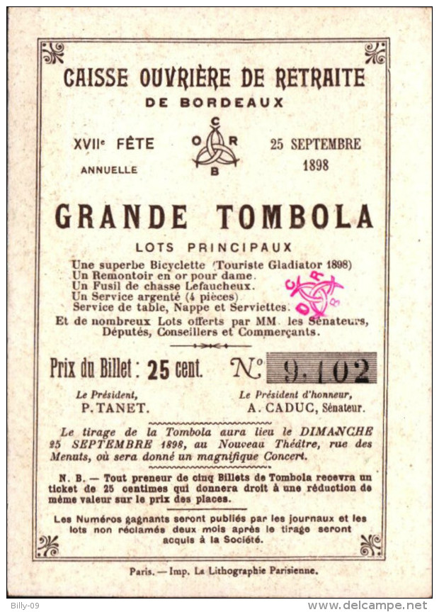5 Chromos Caisse Ouvriere De Retraite De Bordeaux -  Grande Tombola - 1898 - Histoire -4-  R/V - Otros & Sin Clasificación