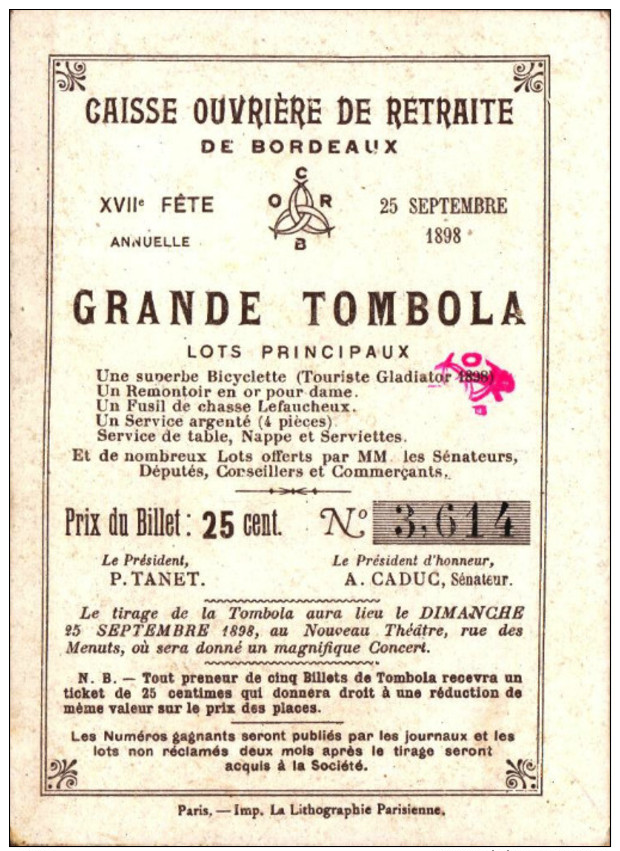 5 Chromos Caisse Ouvriere De Retraite De Bordeaux -  Grande Tombola - 1898 - Histoire -5-  R/V - Sonstige & Ohne Zuordnung