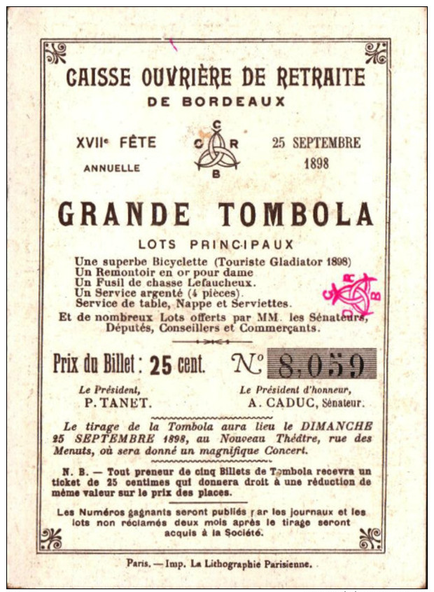 5 Chromos Caisse Ouvriere De Retraite De Bordeaux -  Grande Tombola - 1898 - Histoire -5-  R/V - Altri & Non Classificati