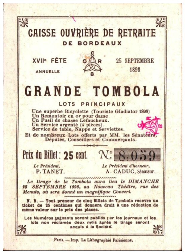 5 Chromos Caisse Ouvriere De Retraite De Bordeaux -  Grande Tombola - 1898 - Histoire -5-  R/V - Sonstige & Ohne Zuordnung