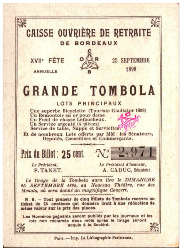 5 Chromos Caisse ouvriere de retraite de Bordeaux -  Grande tombola - 1898 - Histoire -5-  R/V