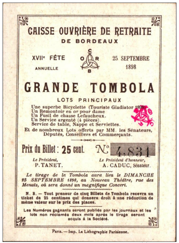 5 Chromos Caisse ouvriere de retraite de Bordeaux -  Grande tombola - 1898 - Histoire -5-  R/V