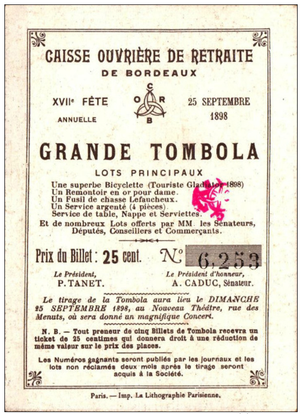 5 Chromos Caisse ouvriere de retraite de Bordeaux -  Grande tombola - 1898 - Histoire -5-  R/V