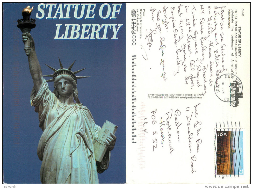 Statue Of Liberty, New York City NYC, New York, United States US Postcard Posted 2001 Stamp - Statue Of Liberty