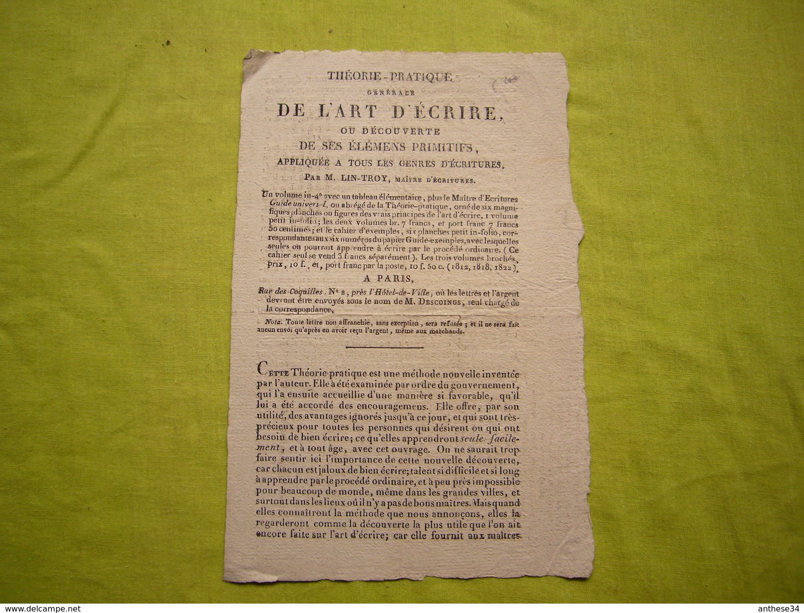 Pub 19 ème Pour Un Livre : Théorie Pratique Générale De L'Art D'écrire Par Mr LIN - TROY - Publicités