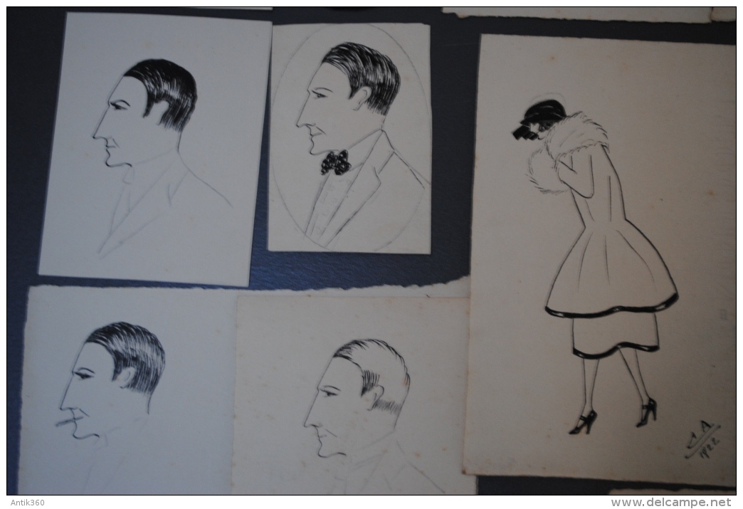 Lot de 32 dessins d'étude format carte postale à l'encre de chine, portrait 1900 femme, hommes... -