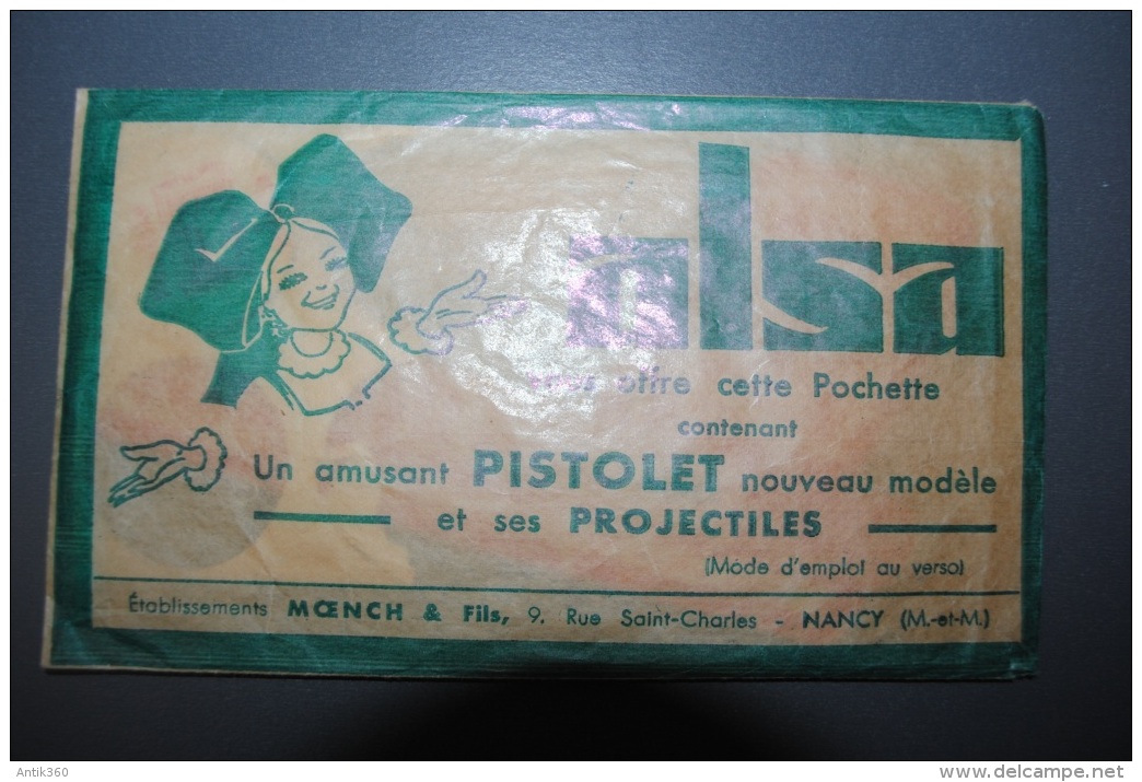 Pistolet En Carton Ancien ALSA Dans Sa Pochette Avec Ses 3 Balles, Mode D'emploi Au Verso De L'enveloppe - Andere & Zonder Classificatie