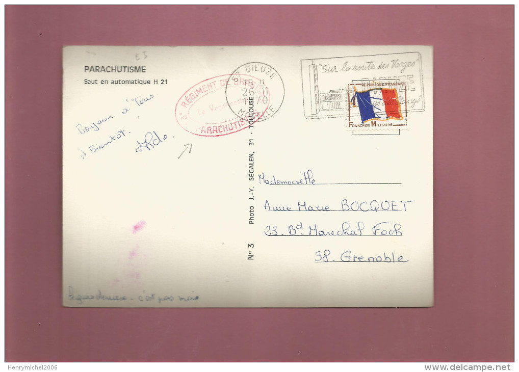 Marcophilie  Dieuze Moselle - 57 - Cachet Militaire 13 Regiment De Dragons Parachutistes Parachutisme + Timbre Franchise - Military Postmarks From 1900 (out Of Wars Periods)