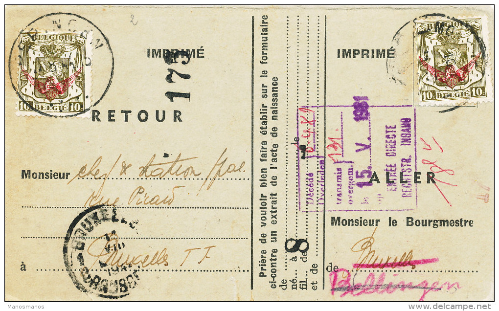 848/24 - Carte Caisse De Retraite - RARE Affranchie ALLER-RETOUR TP Service 1944 MOLENBEEK Et BELLINGEN - Lettres & Documents