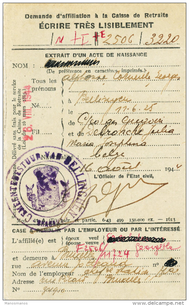 848/24 - Carte Caisse De Retraite - RARE Affranchie ALLER-RETOUR TP Service 1944 MOLENBEEK Et BELLINGEN - Briefe U. Dokumente