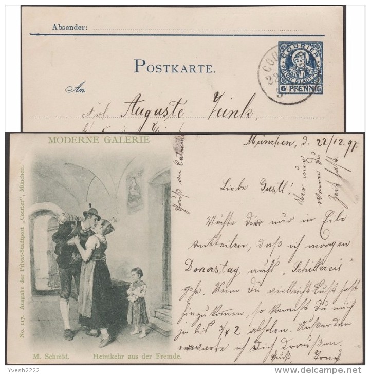 München 1897, Privatpost Courier, Ganzsache. Moderne Galerie. Retour De L´étranger, Mathias Schmid. Baiser, Poupée - Muñecas