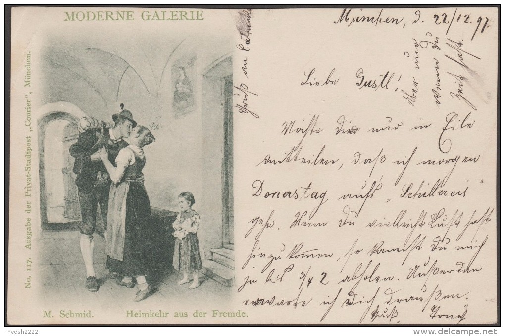 München 1897, Privatpost Courier, Ganzsache. Moderne Galerie. Retour De L´étranger, Mathias Schmid. Baiser, Poupée - Bambole