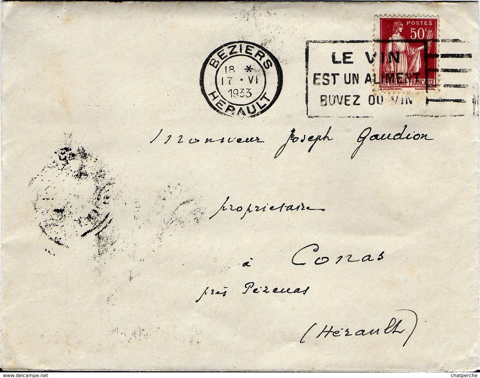 ENVELOPPE PUBLICITE CACHET POSTAL BEZIERS HERAULT VIN UN ALIMENT MALET AVOCAT - Agriculture