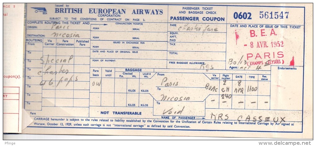 British European Airways (BEA) -   Paris- Nicosia, 1952 ( Timbre Fiscal 80 Francs ) - Europa