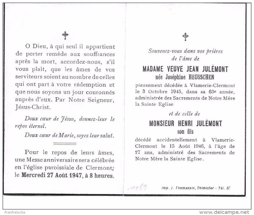 THIMISTER (4890) Vlamerie Décès De Mme Veuve Jean JULEMONT Née Joséphine HEUSSCHEN + Mer Henri JULEMONT - Thimister-Clermont