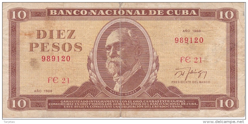 BILLETE DE CUBA DE 10 PESOS DEL AÑO 1988  (BANKNOTE)  MAXIMO GOMEZ - Cuba