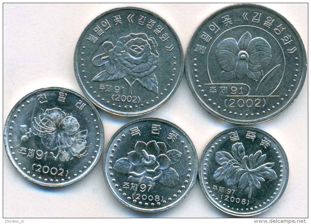 Korea North Set Of 5 Coins 1+5+10+50 Chon+1 Won 2002-2008 UNC Specimen Sample - Korea, North