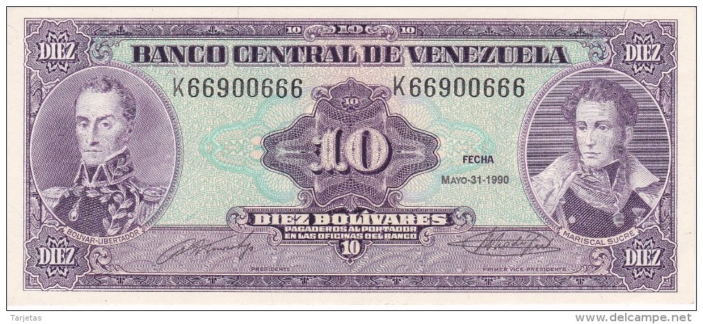 BILLETE DE VENEZUELA DE 10 BOLIVARES DEL AÑO 1990 CALIDAD EBC (XF)  (BANK NOTE) - Venezuela