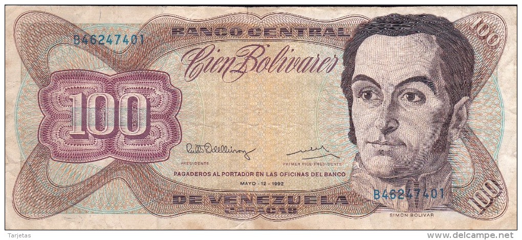 BILLETE DE VENEZUELA DE 100 BOLIVARES DE MAYO-12-1992 (BANKNOTE) - Venezuela