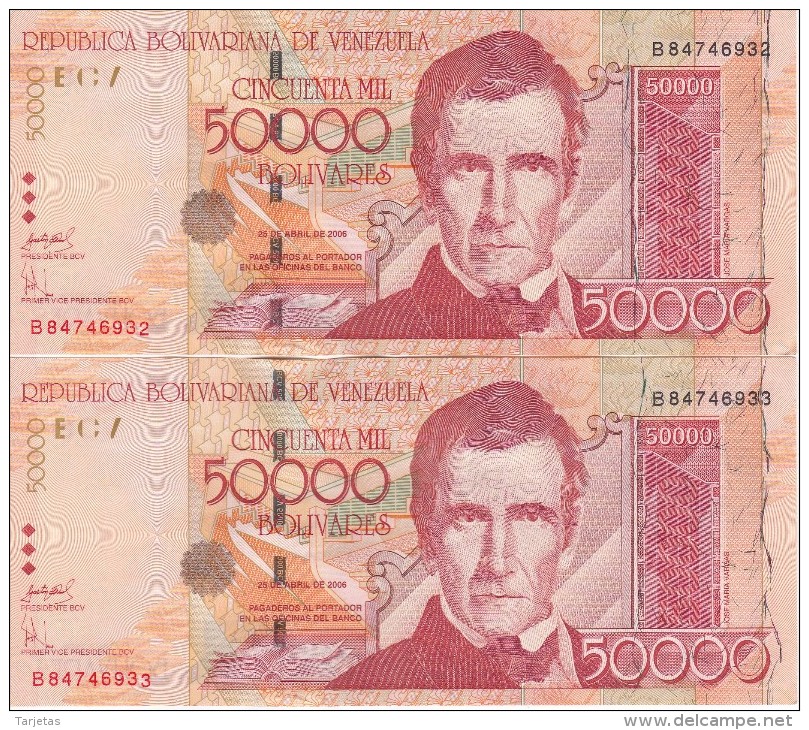 PAREJA CORRELATIVA DE VENEZUELA DE 50000 BOLIVARES DEL AÑO 2006 SERIE B CALIDAD EBC (XF) (BANKNOTE) - Venezuela