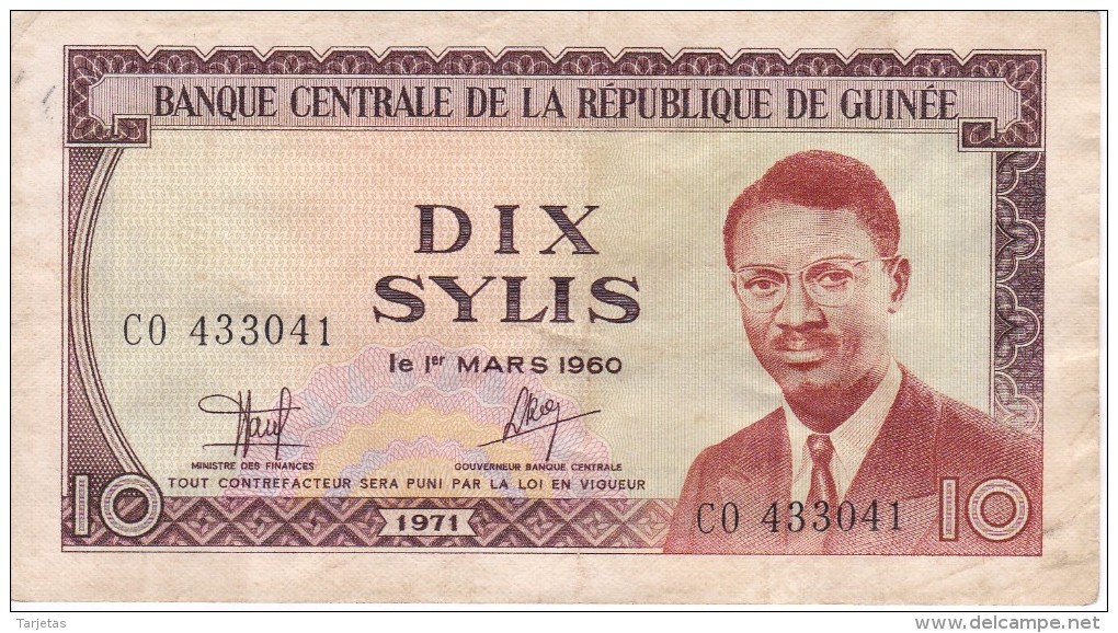 BILLETE DE LA REP. DE GUINEA DE 10 SYLIS DEL AÑO 1971  (BANKNOTE) - Guinée