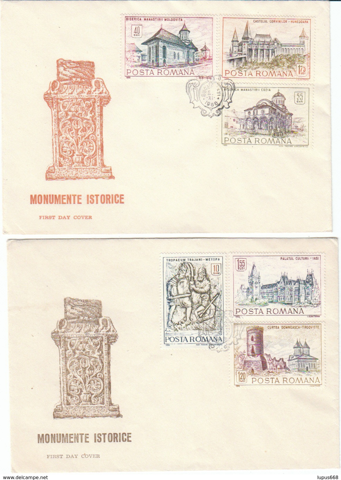 Rumänien  1968 MiNr. 2714/ 2719    2 FDC   Baudenkmäler: Iasi, Tirgoviste, Moldovita, Cozia, Hunedoara, ... - FDC