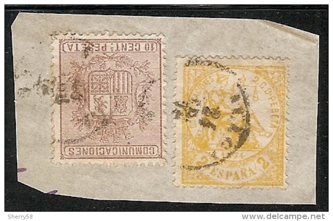 1874-ED. 143 Y 153 EN FRACMENTO-  I REPÚBLICA- ALEGORÍA DE LA JUSTICIA 2 CTS. AMARILLO Y ESCUDO DE ESPAÑA-USADO FECHADOR - Oblitérés