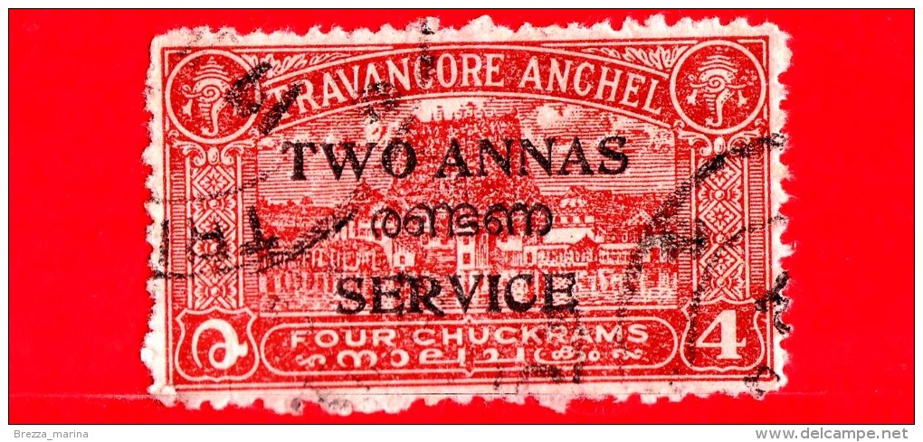 INDIA - TRAVANCORE ANCHEL - Usato - 1950 - Tempio Di Sri Padmanabha -  Sovrastampato Service 2 Annas Su 4 Ch Di Travanco - Travancore-Cochin