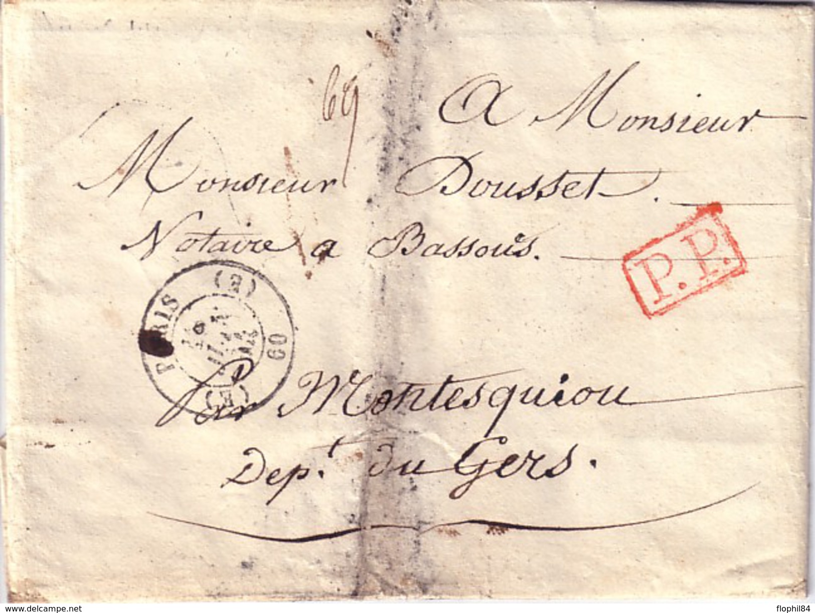 PARIS - (E) 60 (E) - CACHET DU 14 JUIN 1844 - LETTRE EN PP (ROUGE) - VERSO TAXE MANUSCRITE 16 - PLIAGE FORME ENVELOPPE - 1801-1848: Précurseurs XIX