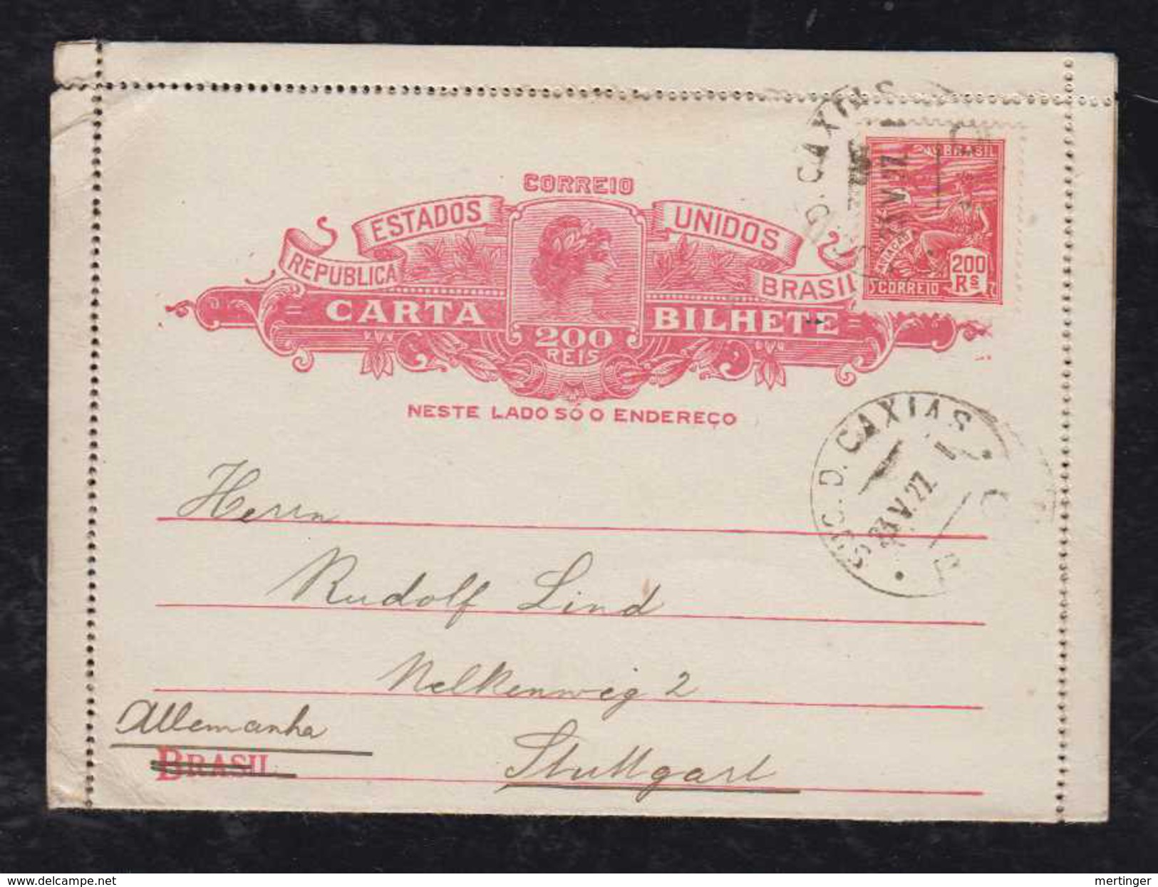 Brazil Brasil 1927 CB 91 200R Stationery Letter Card Uprated  D. CAIXAS RIO To Stuttgart Germany - Postwaardestukken