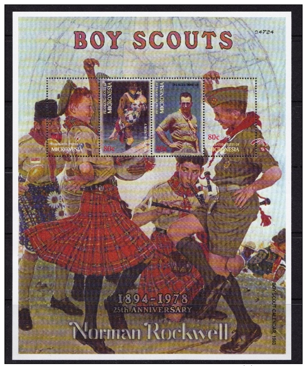 Micronesia, (Sc # 555) MNH, (Complete Set, Sheet Of 4) Painting Of Boy Scouts By Rockwell (2003) - Micronesia