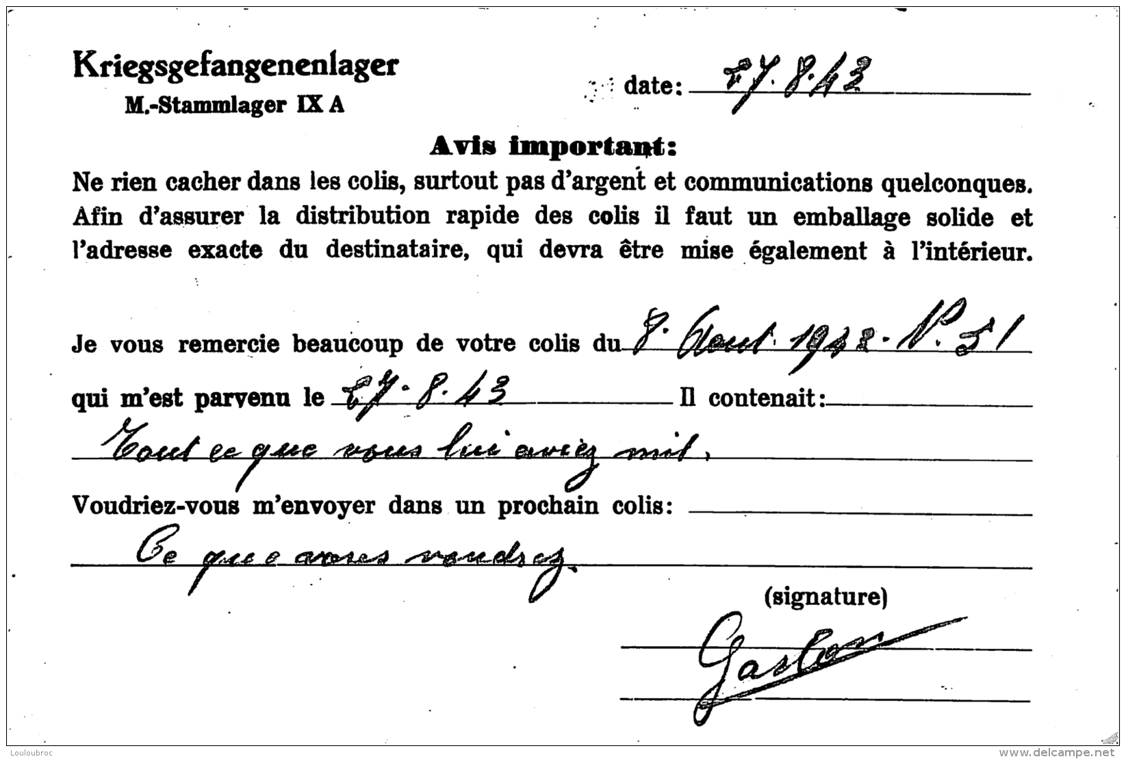 KRIEGSGEFANGENENLAGER  08/1943 ENVOYEE A MR BRAS PAUL A LA FOREZIE AVEYRON PAR MR BRAS GASTON - Oblitérés