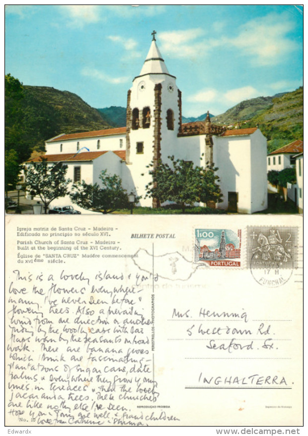 Santa Cruz Church,  Madeira, Portugal Postcard Posted 1973 Stamp - Madeira