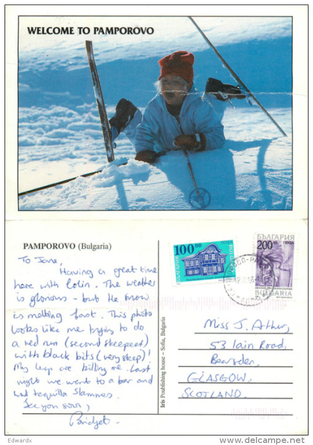 Skiing Boy,  Pamporovo , Bulgaria Postcard Posted 1998 Stamp - Bulgaria