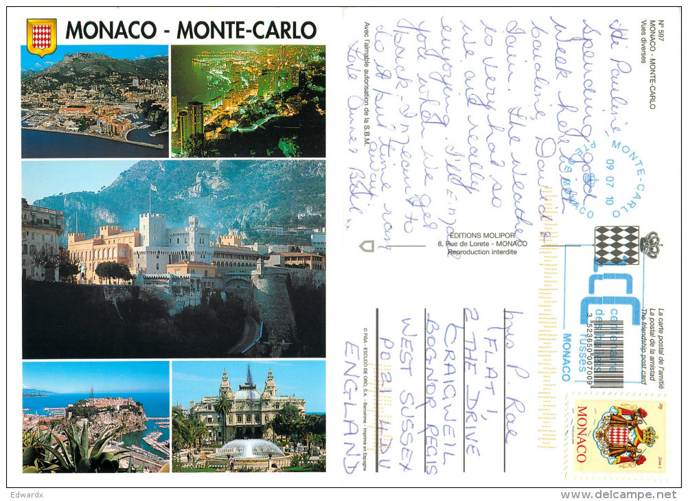 Multiview, Monaco Postcard Posted 2010 Stamp - Sonstige & Ohne Zuordnung