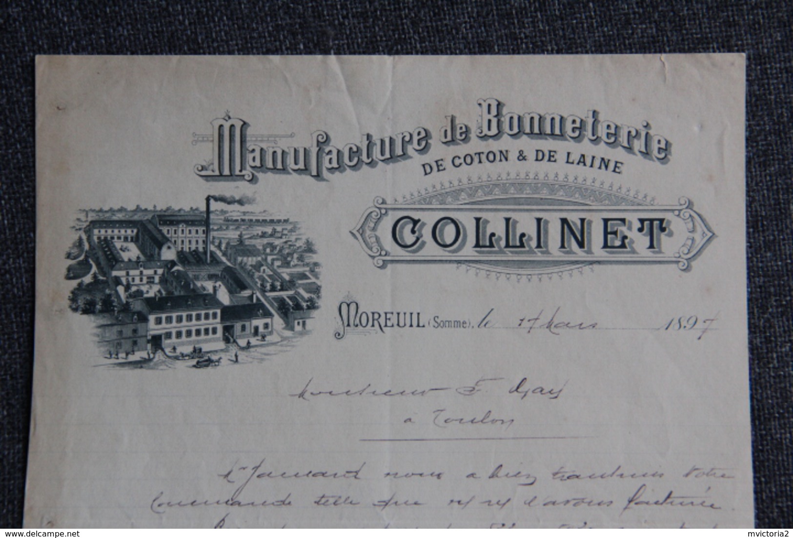 Facture Ancienne, MOREUIL - Manufacture De Bonneterie, De Coton Et De Laine, COLLINET. - 1800 – 1899