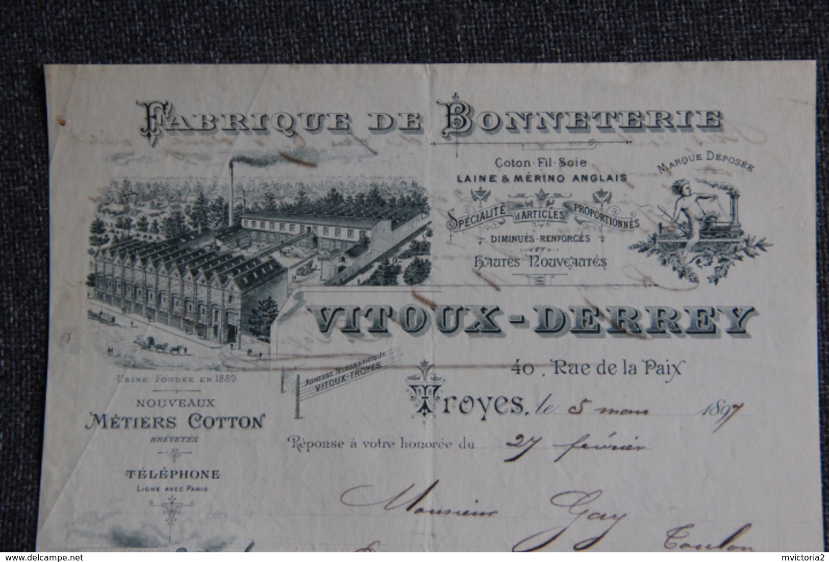 Facture Ancienne, TROYES - Fabrique De Bonneterie VITOUX DERREY. - 1800 – 1899