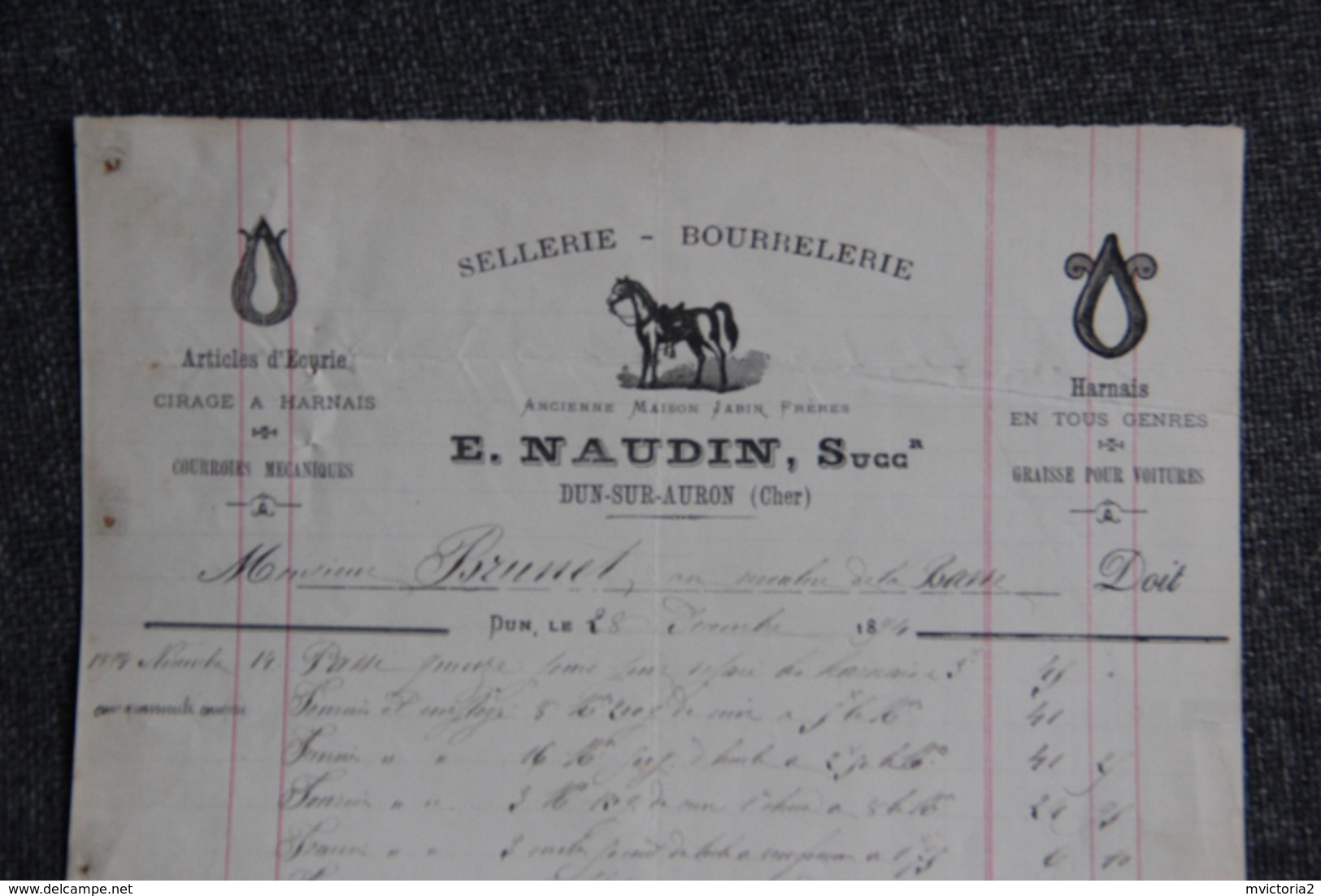 Facture Ancienne, DUN SUR AURIN - Sellerie Et Bourrelerie E.NAUDIN - 1800 – 1899