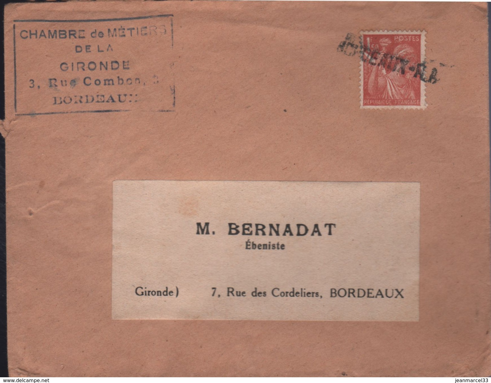 Lettre Avec Timbre N° 652  1,50 Iris Rouge Brun Annulé Avec La Griffe "BORDEAUX-RP" - Lettres & Documents