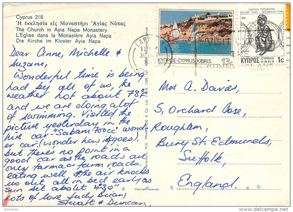 Ayia Napa, Cyprus Postcard Posted 1985 Stamp - Cyprus